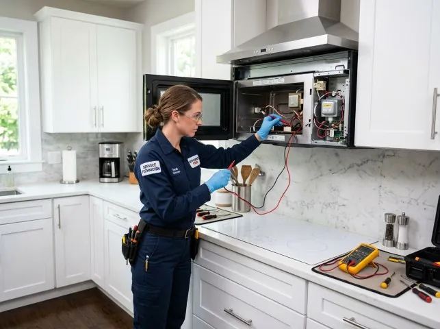 Appliance Repair Hero technician testing an over-the-range microwave in a Barnegat Light, NJ kitchen